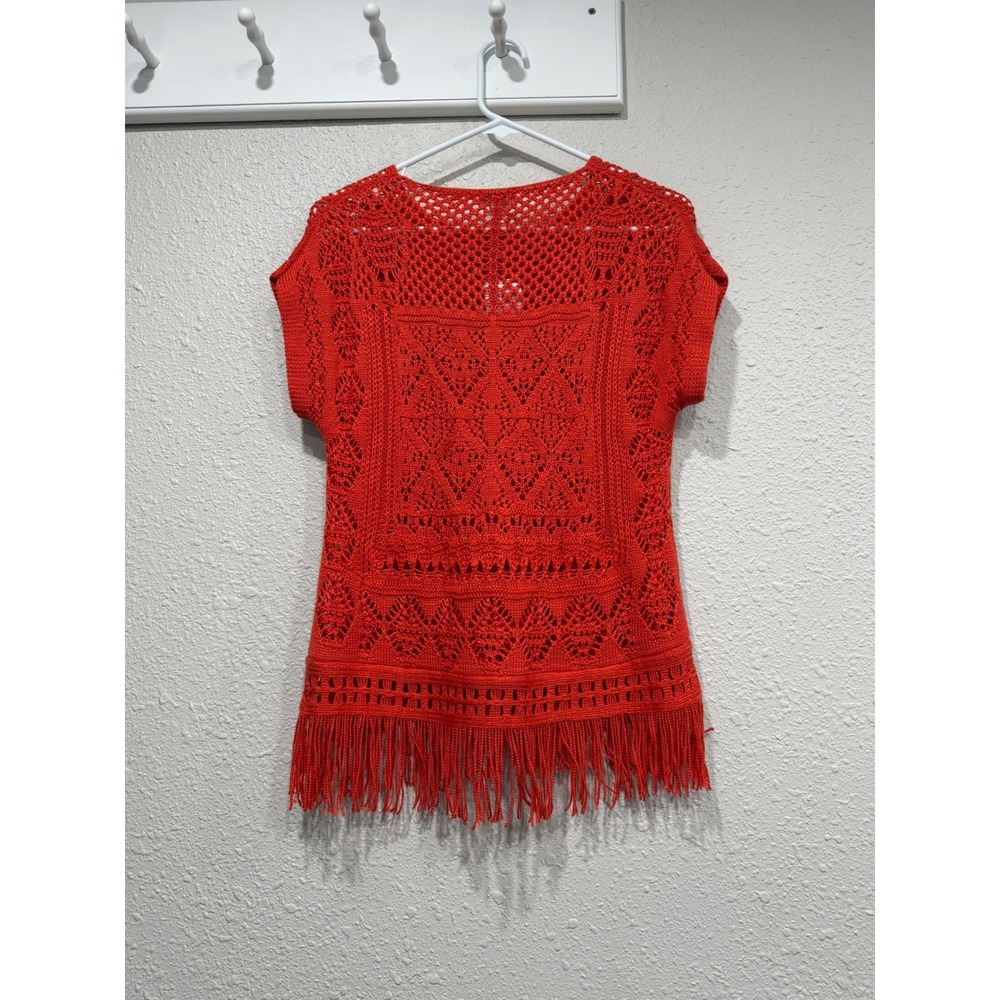 NWT Chicos Orange Crochet Fringe Sweater Boho Hippie Beach Cover Up Pullover 0 S - Picture 4 of 4